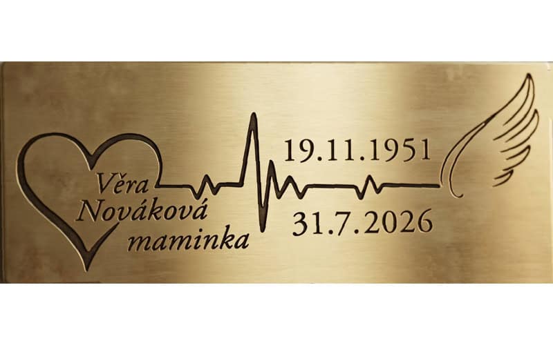 Gravírovaná pamětní cedulka z mosazi se srdcem a motivem EKG