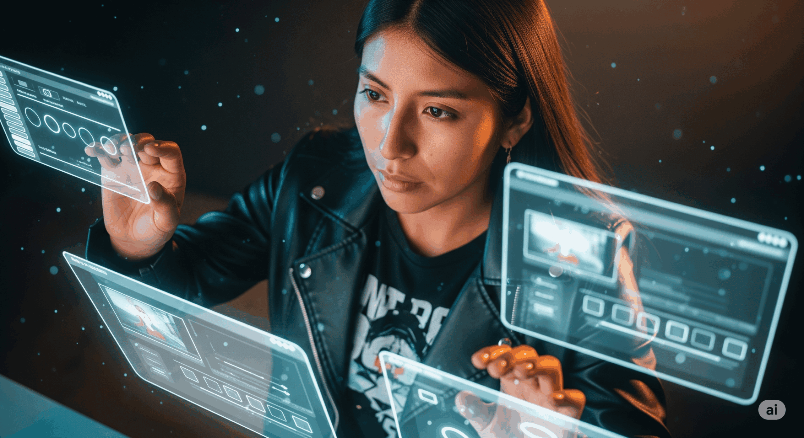 A young Peruvian woman works with multiple floating holographic screens displaying video generation tools.