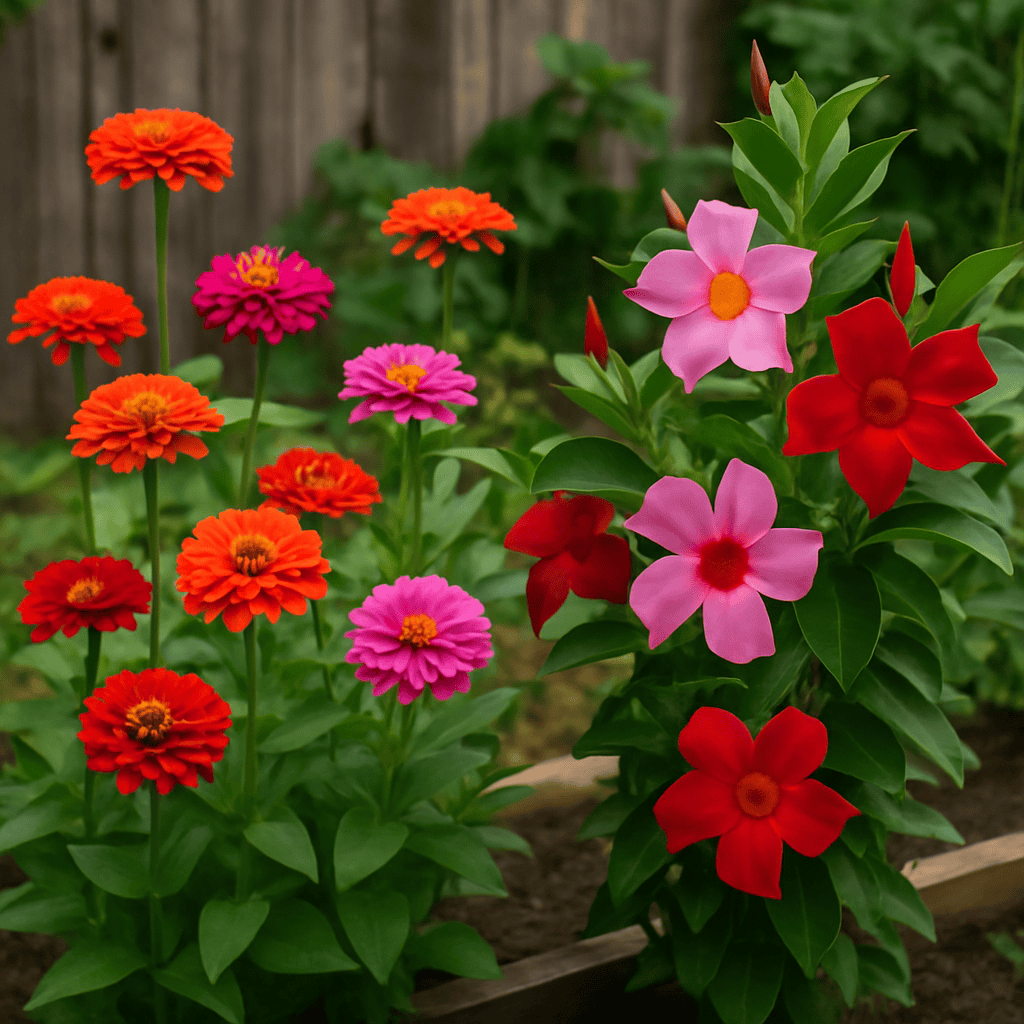 Colorful zinnias and mandevilles growing in a homestead garden