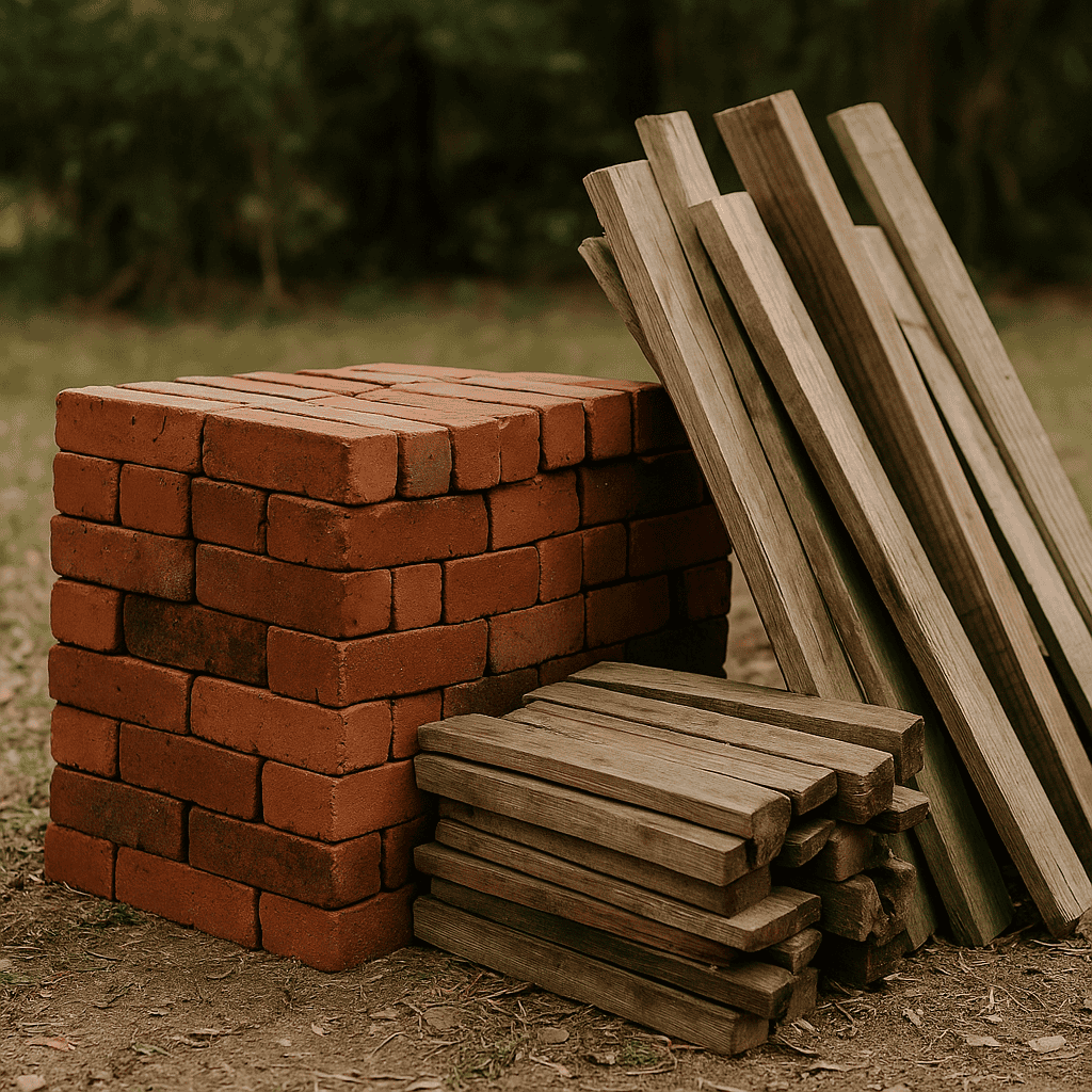 Pile of free red bricks and lumber ready for homestead building projects