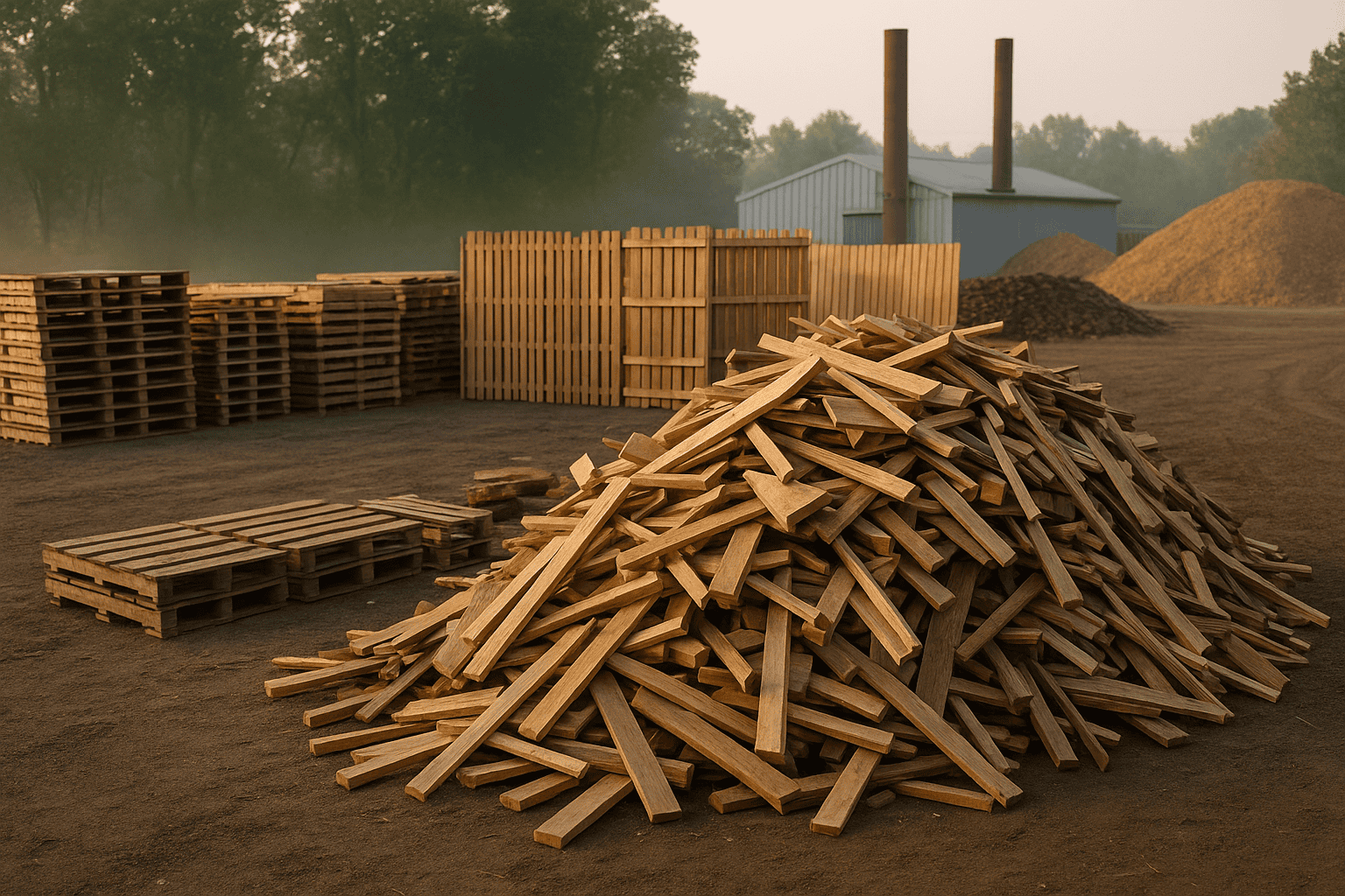 Scrap lumber pile at a rural lumber yard ready for pickup