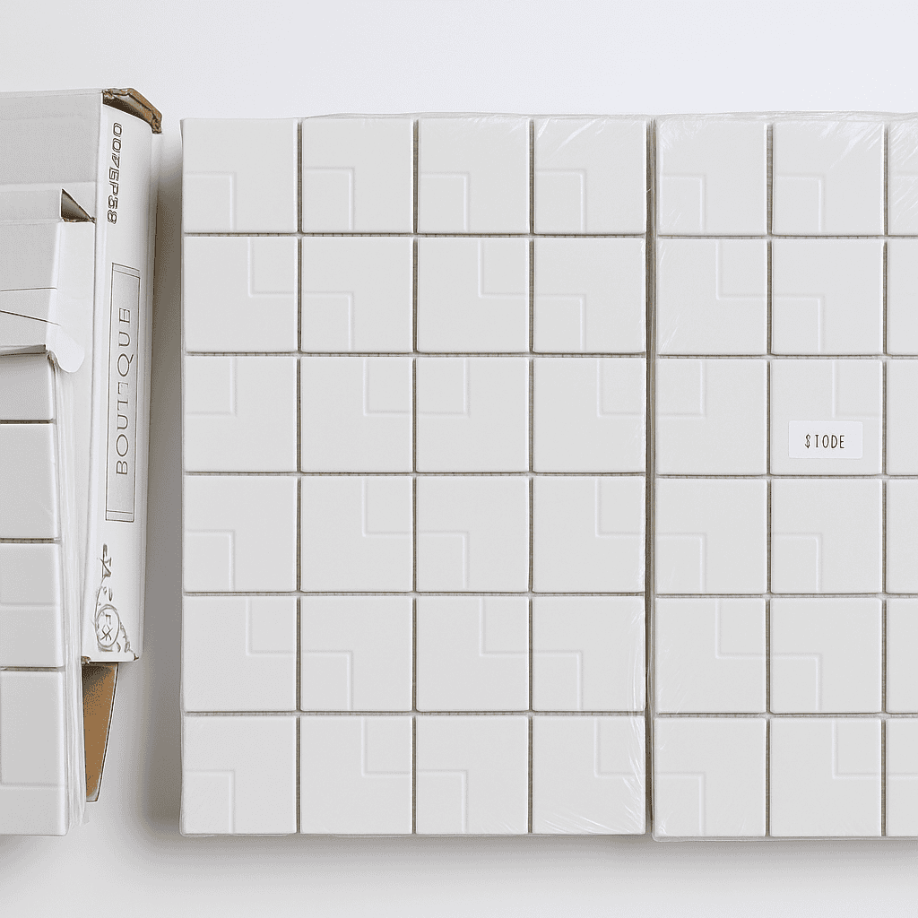 Close-up of white mosaic wall tiles stacked, showing their glossy pattern and clean design.