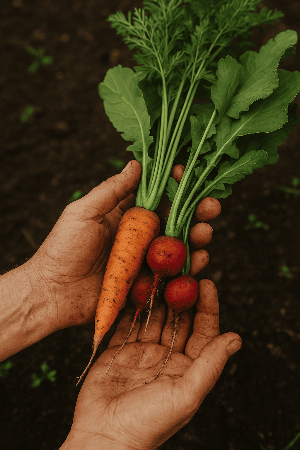 A close-up of weathered hands holding fresh garden vegetables over dark, rich soil.