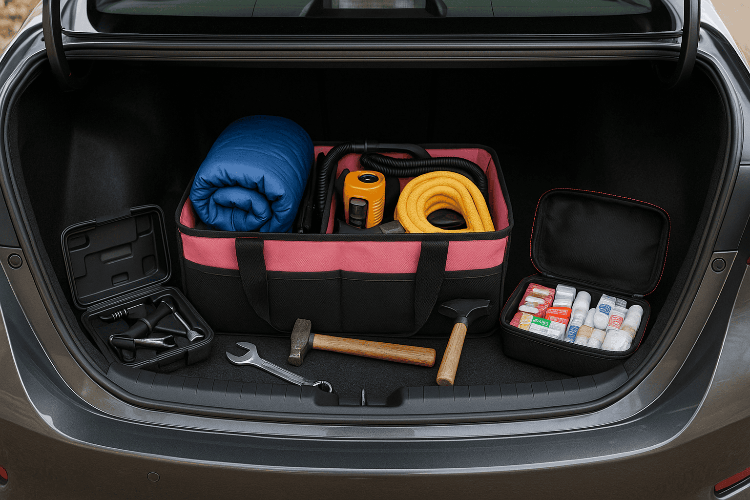 A neatly organized car trunk with a pink emergency organizer filled with tools, air pump, first aid kit, and travel essentials for roadside safety.