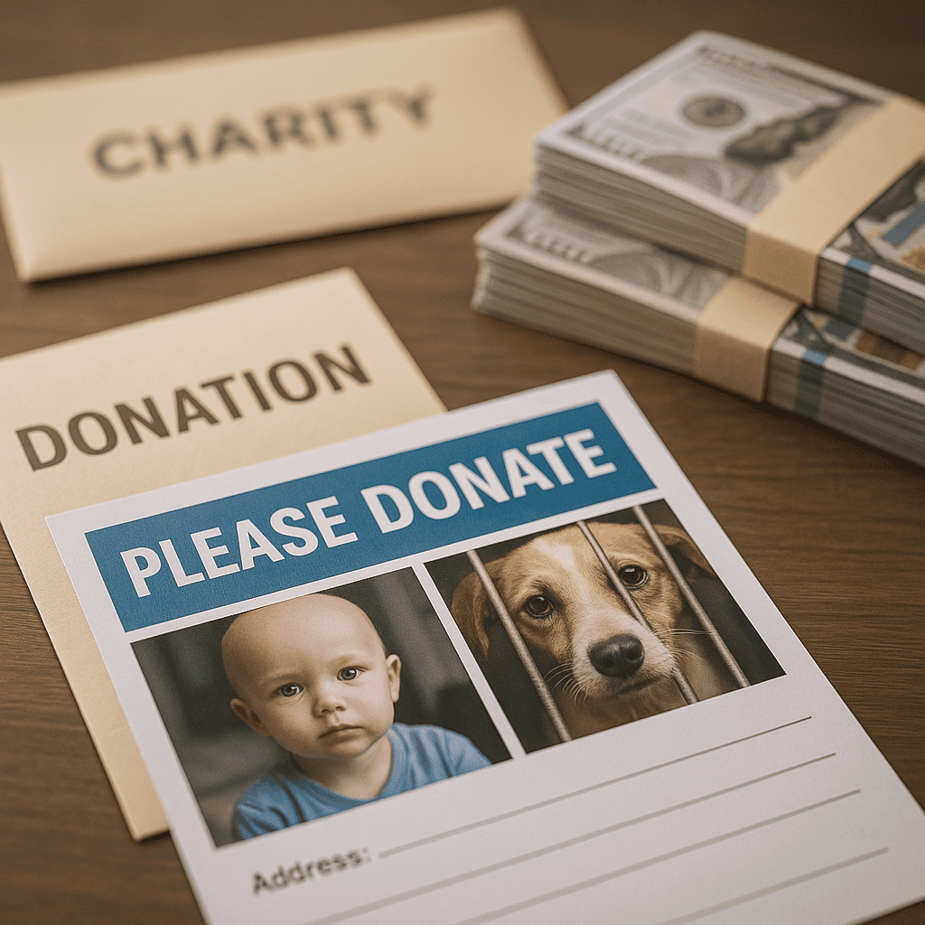 Donation envelopes and cash beside a charity flyer showing a sad child and caged dog, symbolizing how emotional charity ads exploit donations.