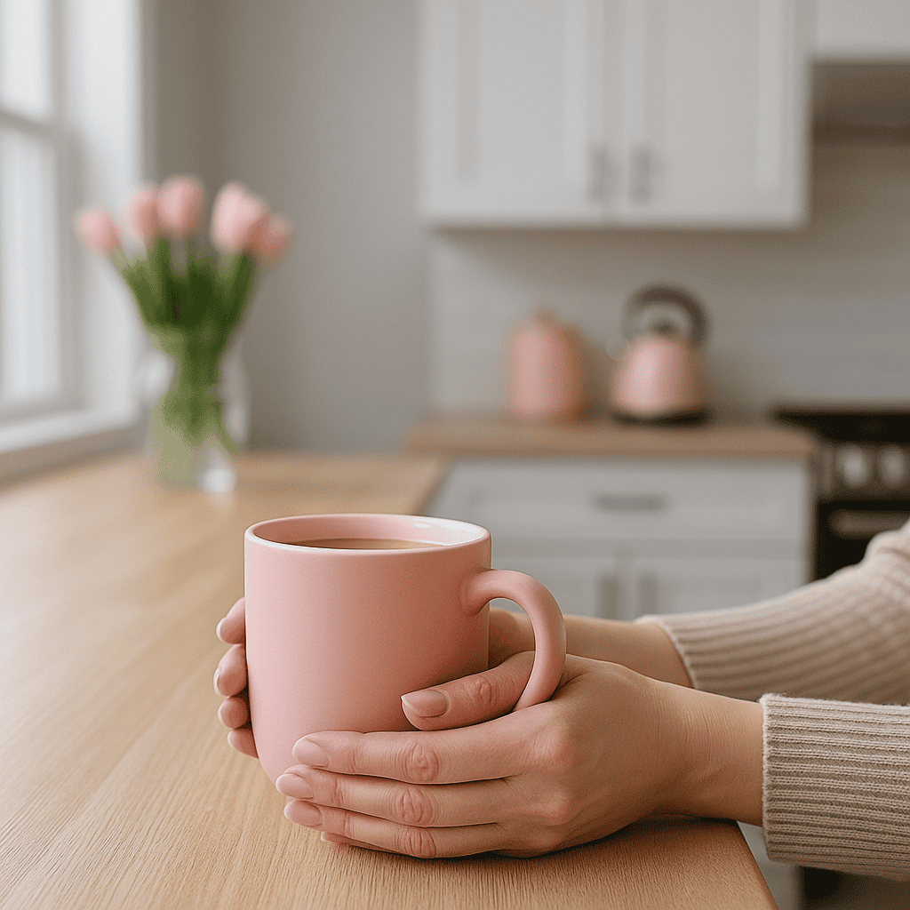 A woman’s hands with neat nails holding a pink coffee mug on a light wood countertop in a white Southern kitchen.