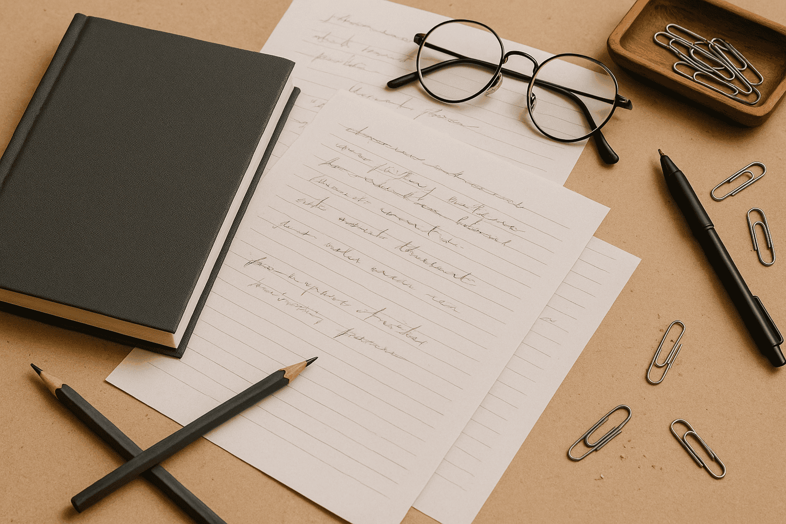 A cozy writer’s desk with scattered pages, pencils, eyeglasses, a coffee-colored notebook, and paperclips in warm natural light — capturing the creative chaos of writing a personal story.