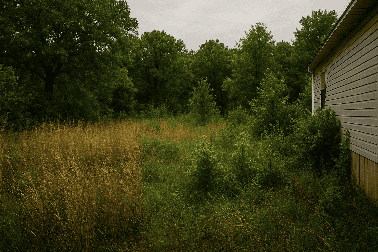 A tired woman standing beside an overgrown backyard, looking frustrated and alone, with tall weeds and trees in the background.