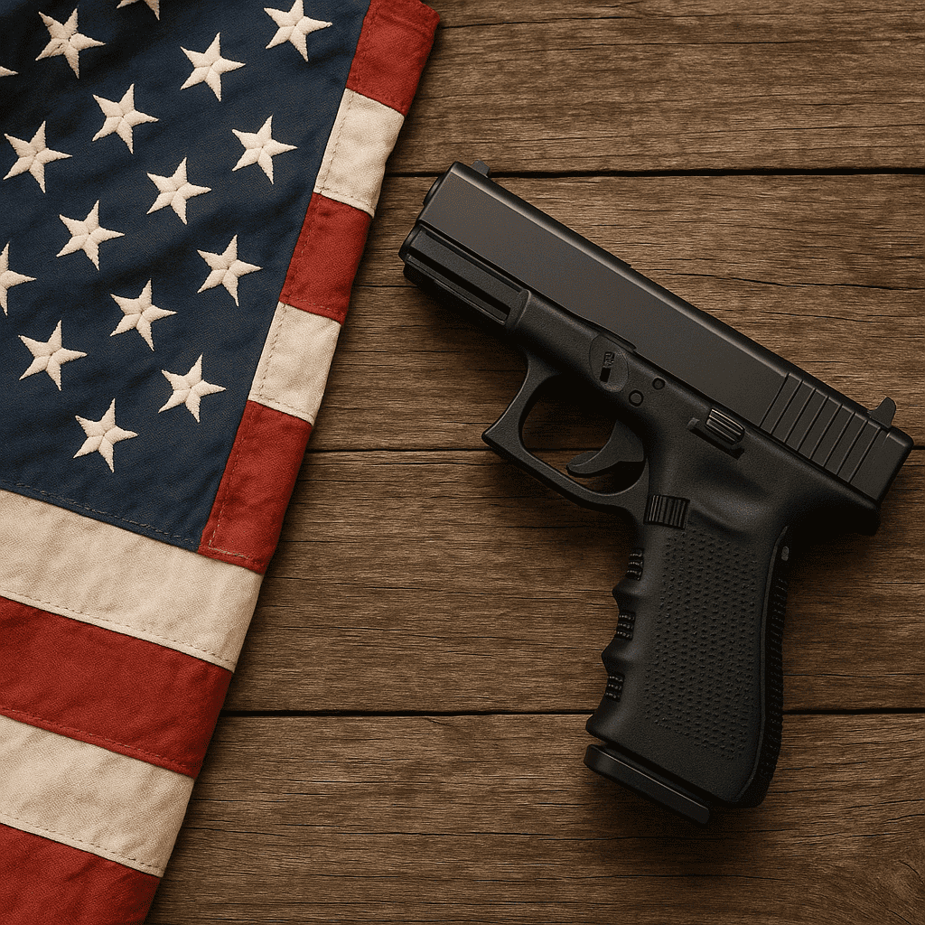 American flag and handgun on a rustic wooden table, symbolizing freedom and gun rights debate