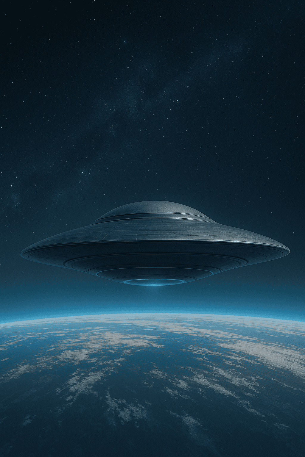 Illustration of a futuristic alien craft made of layered metamaterials hovering above Earth