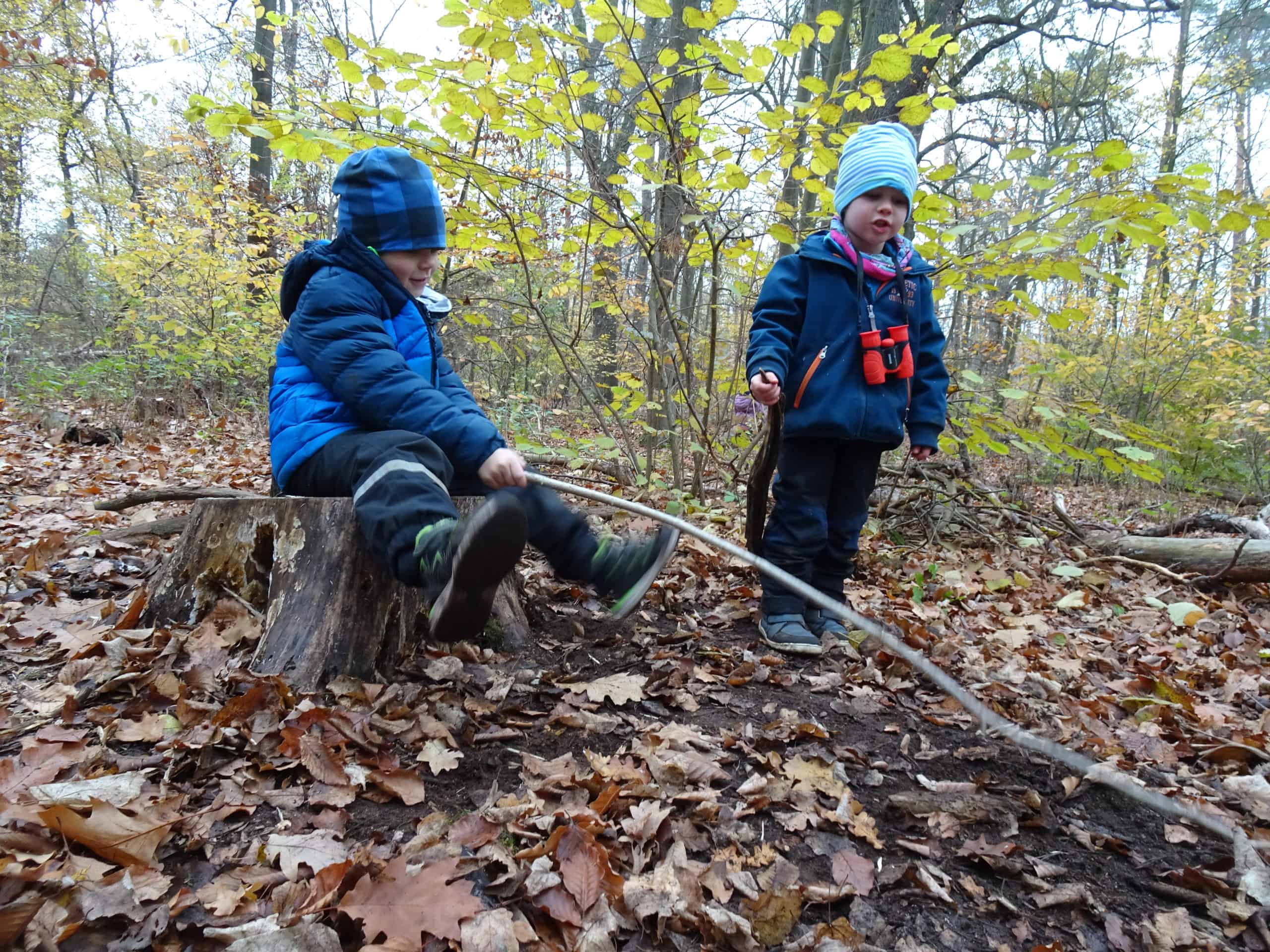 Zwei Kinder im Wald mit Stöckern